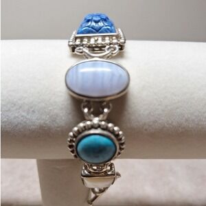 Turquoise bracelet with lapis blue lace agate mop Sterling silver 51 grams